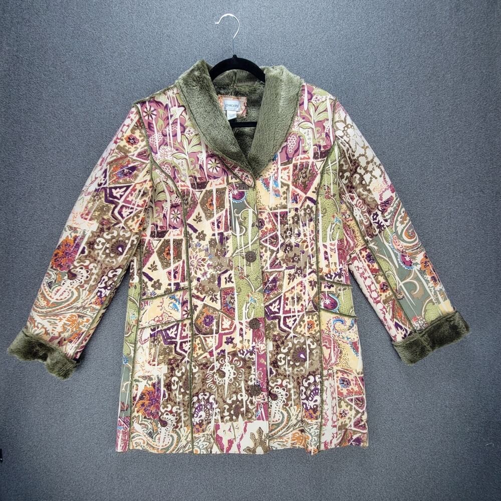 Chicos Size 1 M Abstract Paisley Floral Print Faux Fur Lined Boho Hippie Coat